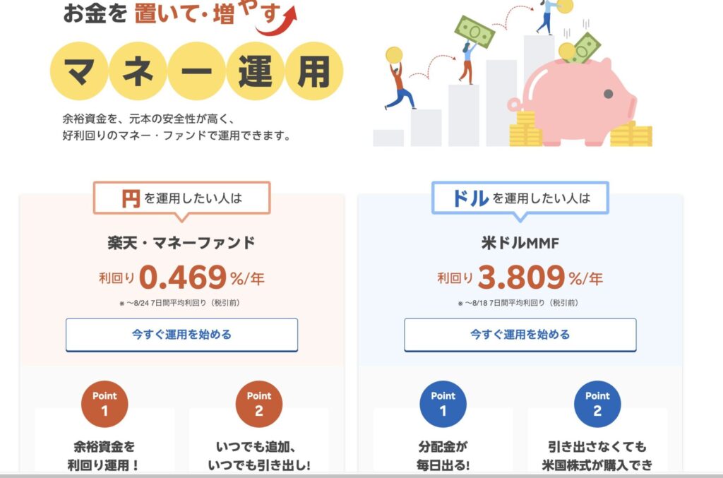 円で運用したい方は楽天・マネーファンド:利回り0.469%/年(税引前)
ドルで運用したい方は米ドルMMF:利回り3.809%/年(税引前)
いつでも追加・いつでも引き出し可能。短期運用でも安心