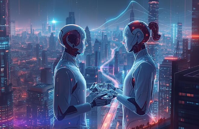 未来都市で向き合う二体のAIロボット。AIが奪う仕事と人間の未来を象徴するビジュアル。