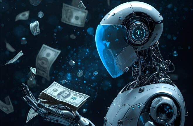 紙幣を手にするAIロボット。AIが生み出す富とベーシックインカムによる再分配を象徴する未来的イメージ。