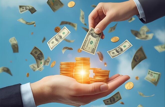 空から降る紙幣とコイン、手に渡されるドル札。ベーシックインカムと再分配、半減期通貨で経済を回す未来を象徴。